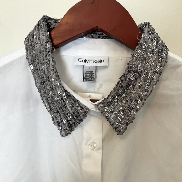 Calvin Klein White button down Blouse, sequin’s collar Boyfriend Tunic women L - Picture 5 of 14